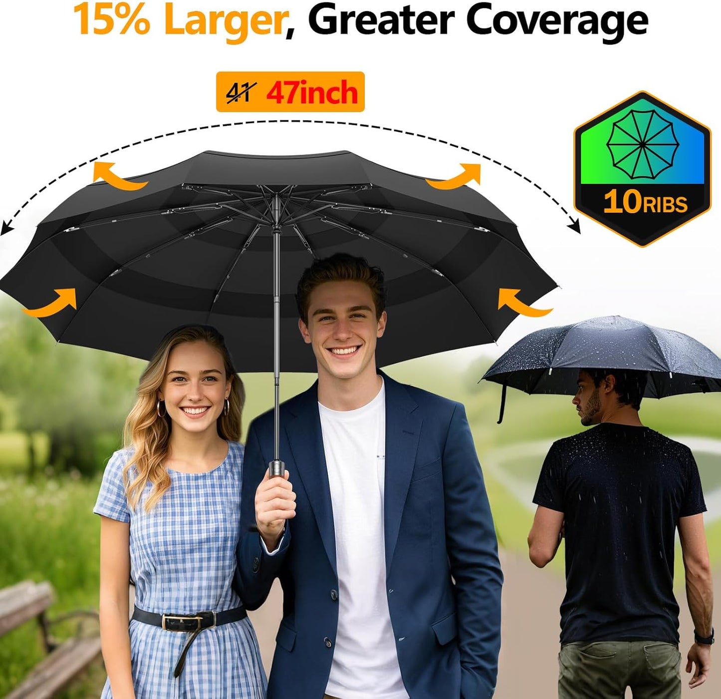 3T Wind Armor Travel Umbrella Compact Easy Auto Open Close Folding Umbrellas for Rain Windproof Umbrella for Women and Men Durable Real Wood Handle Portable Fits Backpack Car