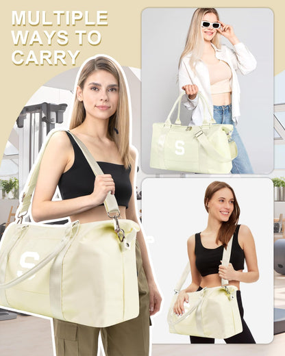 Initial Travel Duffel Bag Sports Gym Bag for Kids Teen Birthday Gifts,Beige Personalized Weekender Bag Carry On Dance Bags for Women Men,Waterproof Monogram Overnight Bag with Trolley Sleeve(Letter S)