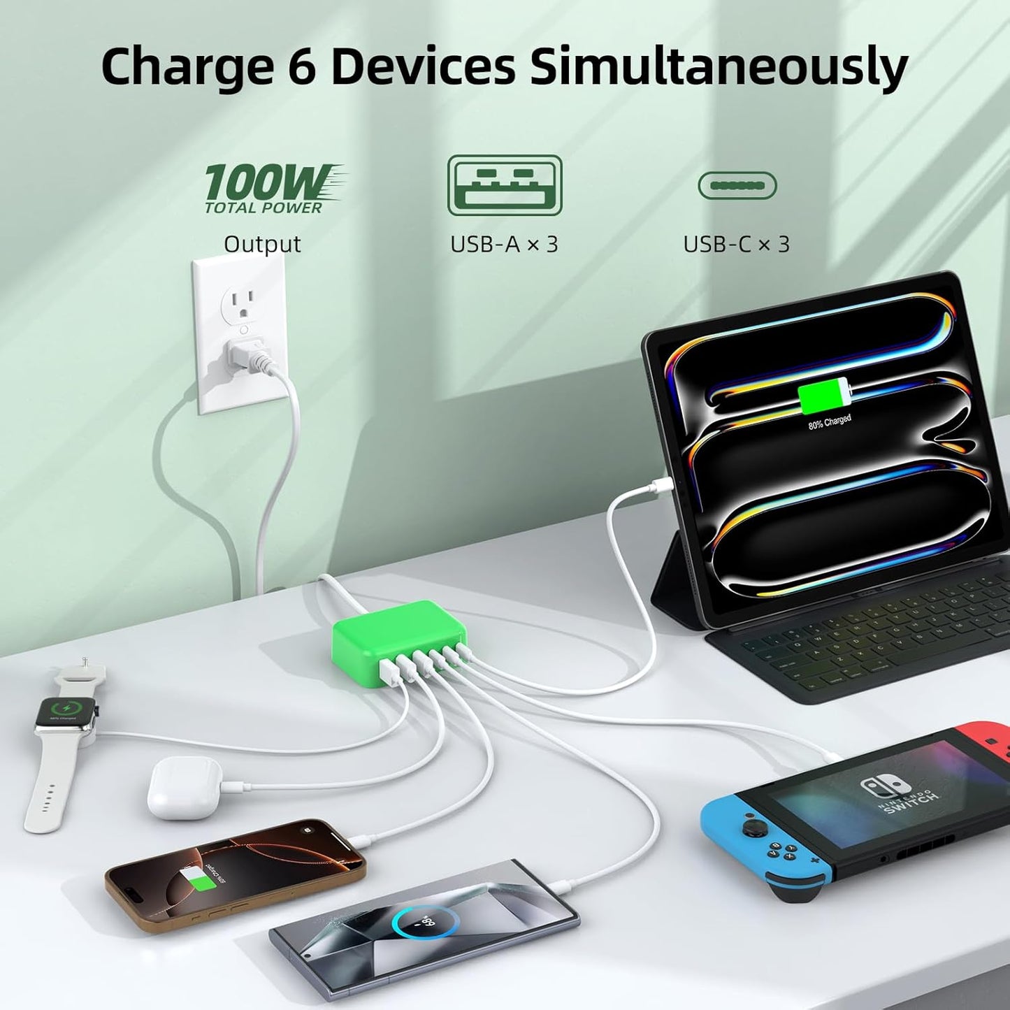 USB C Charger Block, 100W GaN 6 Port PD USB C QC USB A Wall Charger Adapter Plug Cube, Super Fast Type C Charging Station Hub for iPhone 16 15 14 13 12 Pro Max iPad Samsung Pixel 5ft Extension Cord