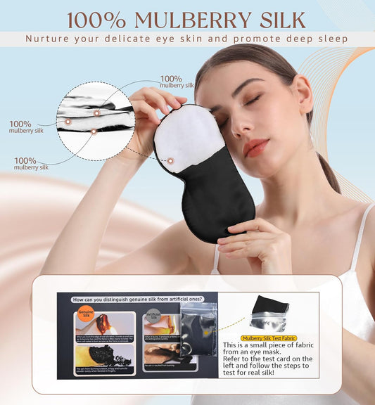HiRui Silk Sleep Mask, 100% Natural Mulberry Silk of Double-Sided & Inner-Filling, Ultra-Smooth Soft, Adjustable Strap, Blocks Light for Night Sleeping, Travel, Office Naps (Black)