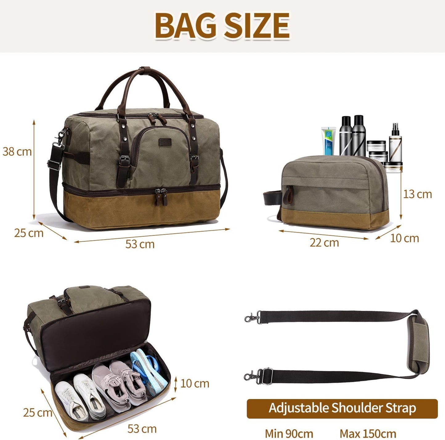 Nerlion Green Large Weekender Overnight Duffel Bag with Shoe Compartment and Leather Accents