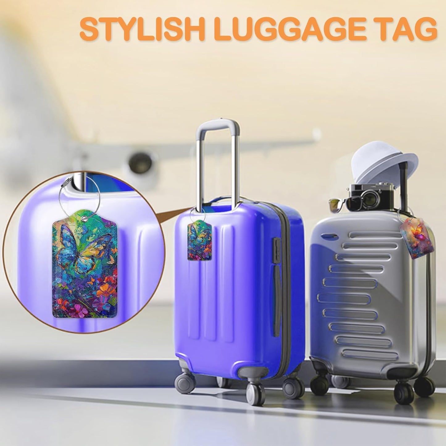 Abstract Colorful Butterfly 3 PCS PU Leather Luggage Tags for Suitcase, Luggage Tag with Privacy Flap, Name ID Label and Metal Loop for Women Men Baggage Handbag School Bag Backpack