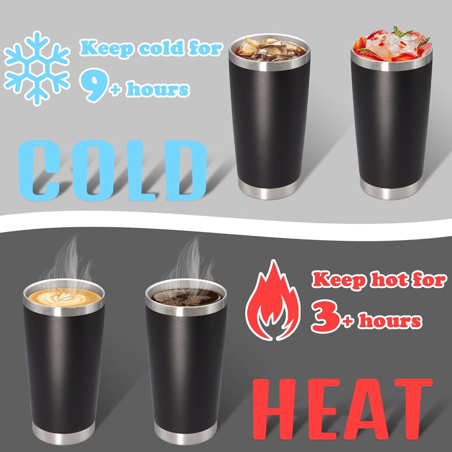 20 oz Tumbler with lid Double Wall Vacuum Insulated Tumblers Stainless Steel Coffee Mug Travel Coffee Tumbler Powder Coated Tumbler Cup Keep Hot&Cold - (Black 6 Pack)