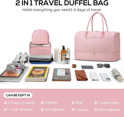 Travel Duffle Bag for Women Weekender Overnight Bag with Shoe Compartment with Gym with Wet Pocket for Labor and Delivery 3 Pcs Set Pink