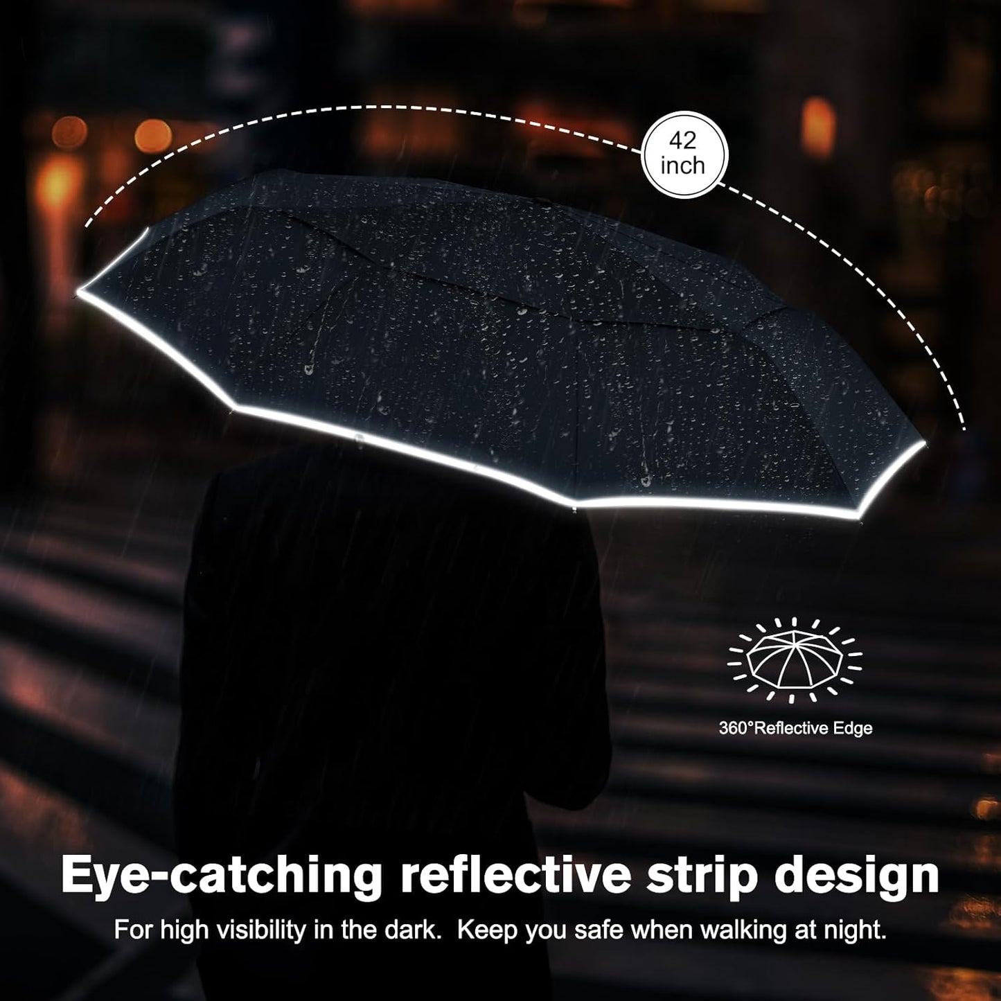 G4Free 42 Inch Eco Windproof Folding Umbrella for Rain & Sun 9 Ribs Wind Resistant Strong Fiberglass Double Canopy with Reflective Strip for Women Men Auto Open Close For Car & Backpack