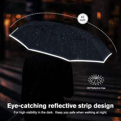G4Free 42 Inch Eco Windproof Folding Umbrella for Rain & Sun 9 Ribs Wind Resistant Strong Fiberglass Double Canopy with Reflective Strip for Women Men Auto Open Close For Car & Backpack