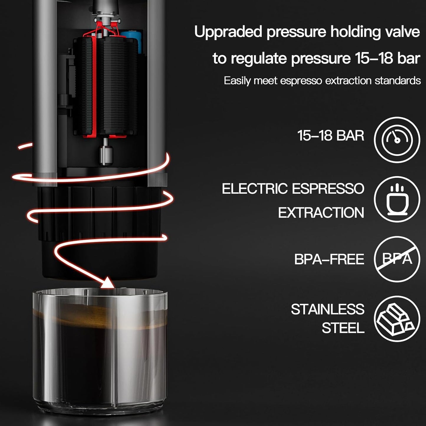 CONQUECO Portable Espresso Machine Travel: 12v Car Coffee Maker for Camping - Small Electric - 2.5 Mins Heating - 8 Cups Espresso for One Charge