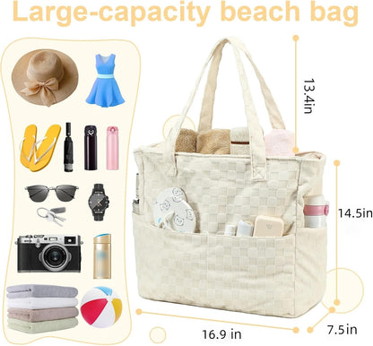 LEDAOU Large Beach Tote Bag Women Waterproof Sandproof Zipper Beach Tote Bag for Pool Gym Grocery Travel with Wet Pocket