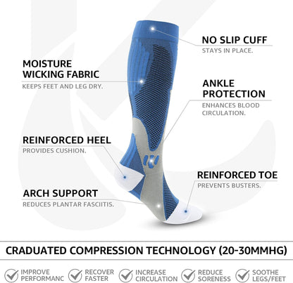 Kickticks 4 Pairs Compression Socks for Woman & Man Unisex 20-30mmHg Knee high Plus Size Wide Calves for Flying Running…