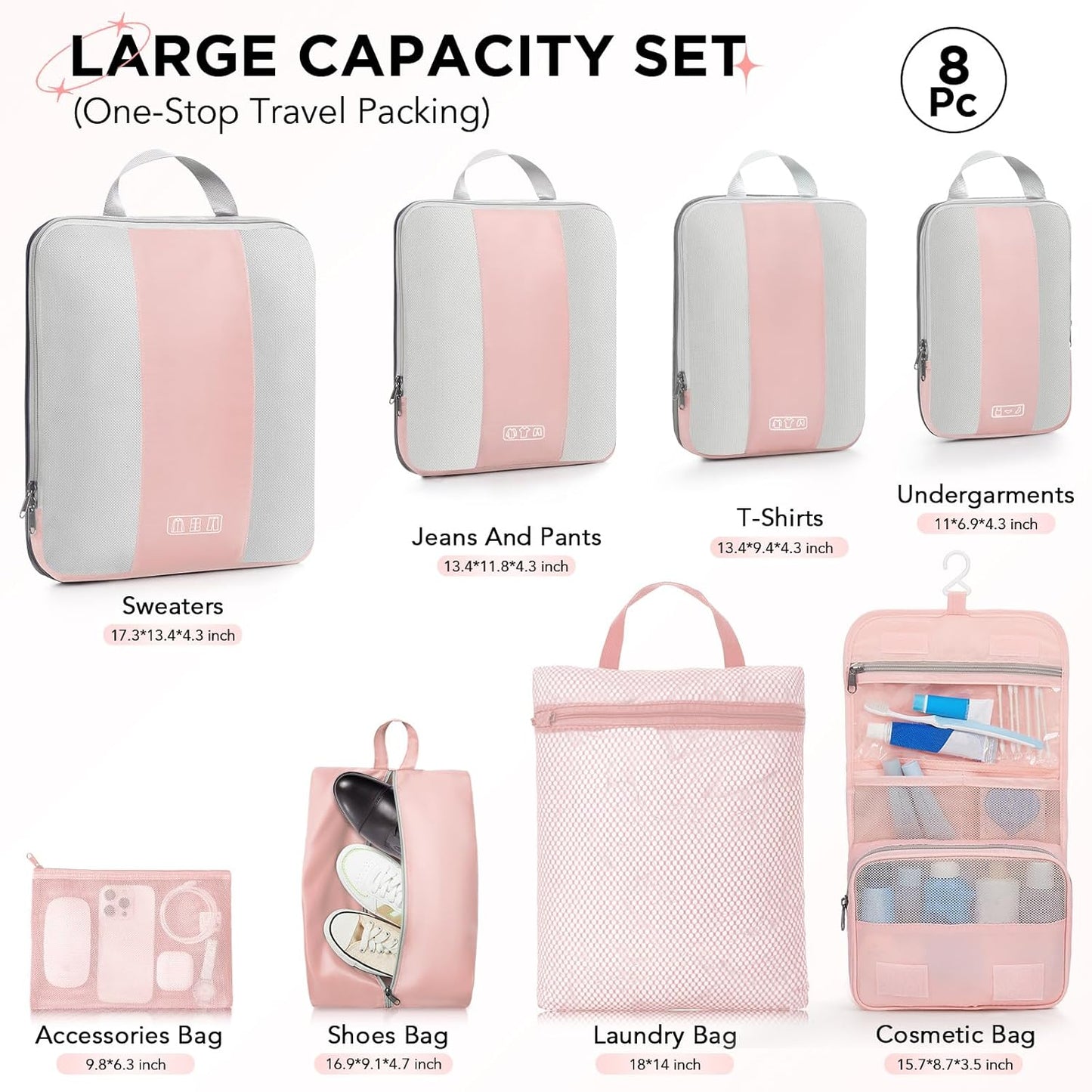 8 Set Compression Packing Cubes for Travel Essentials,Compressible Expandable Packing Cubes for Suitcase,OlarHike Luggage Organizer Bags for Travel,Handy Helper for Organizing Clothes(Pink)