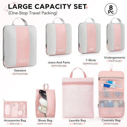 8 Set Compression Packing Cubes for Travel Essentials,Compressible Expandable Packing Cubes for Suitcase,OlarHike Luggage Organizer Bags for Travel,Handy Helper for Organizing Clothes(Pink)