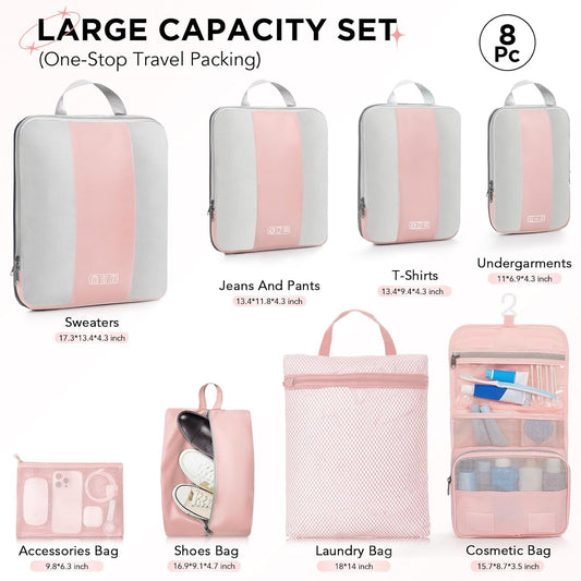 8 Set Compression Packing Cubes for Travel Essentials,Compressible Expandable Packing Cubes for Suitcase,OlarHike Luggage Organizer Bags for Travel,Handy Helper for Organizing Clothes(Pink)