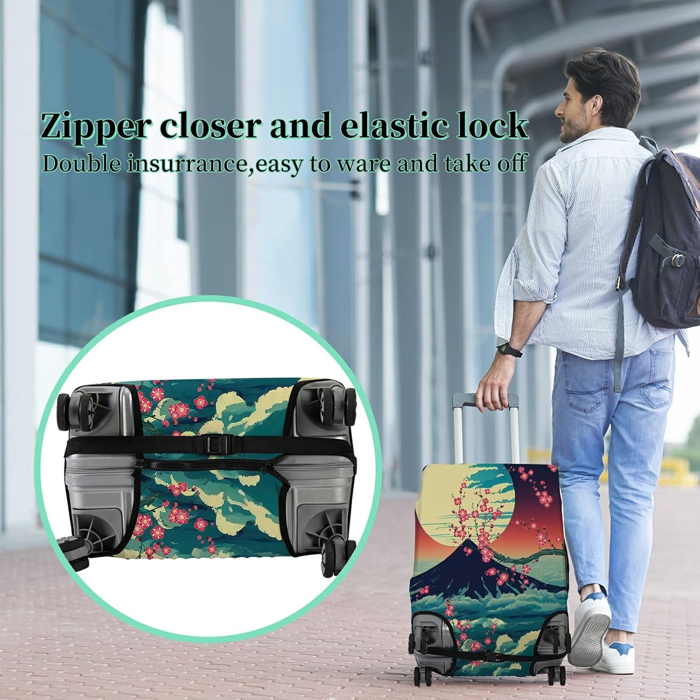 Luggage Cover Suitcase Protector + Luggage Tag, Landscapes Sakura Mount Fuji Travel Suitcase Cover for 22-24 inch Luggage (M) with Concealed Zipper Washable Elastic Cloth Dustproof Anti-Scratch
