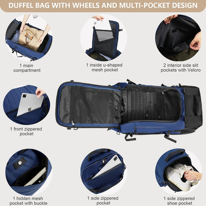 CONTAIL 86L Foldable Wheeled Duffel Backpack with Padded Quilted Bottom,Waterproof Travel Duffle Bag with Extended Handles,Navy