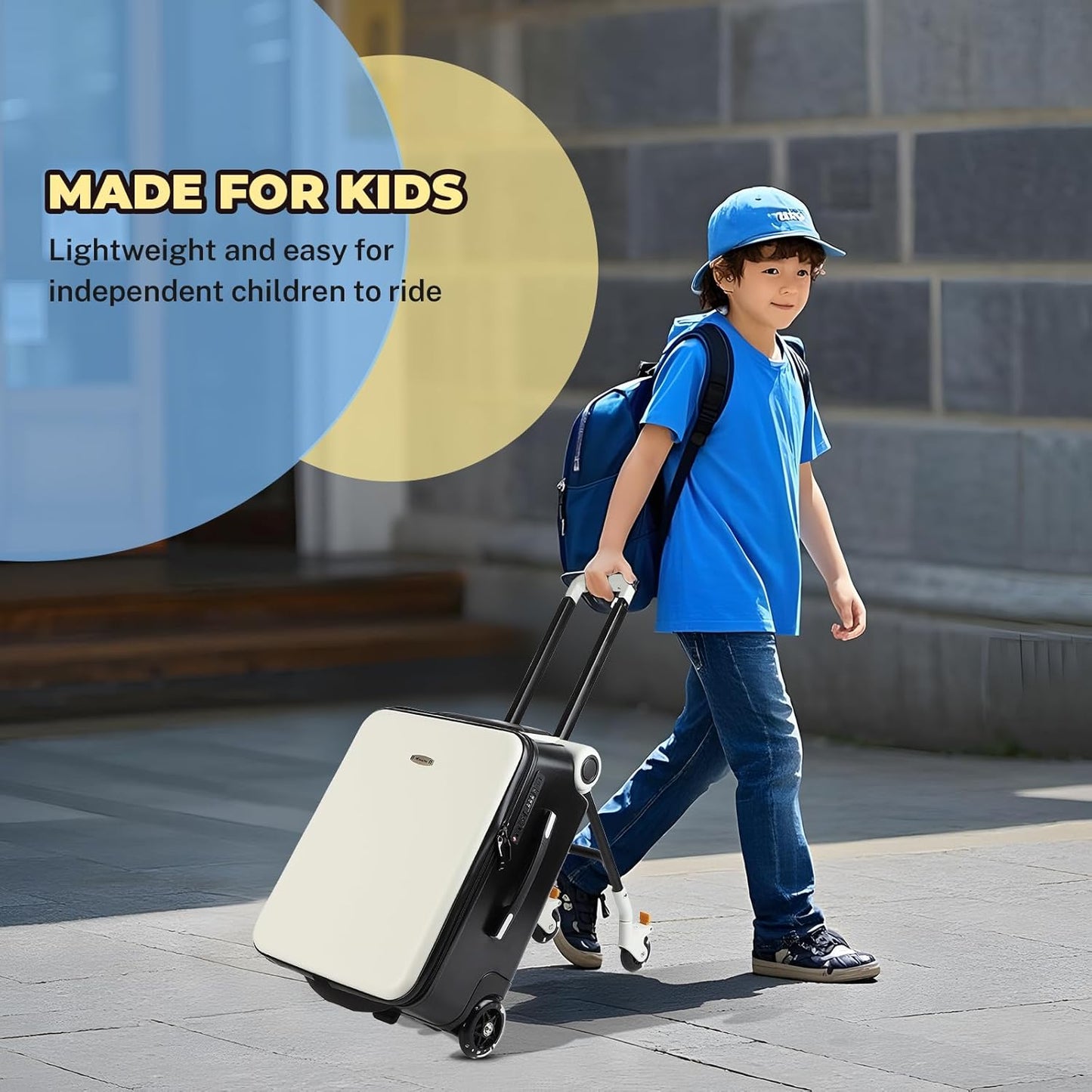 FAHKNS Ride on Suitcase luggage with Seat for Kids,21 inch Hardside Carry on Luggage with Wheels for Travel,2-in-1 Case & Baby Stroller,White