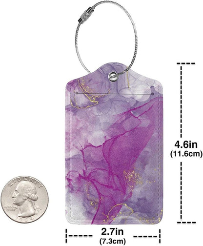 2 Pack Abstract Purple Luggage Tag for Suitcases Women, Art Painting Violet and Gold Marble PU Leather Airport Travel Bag Tags for Cruise Ships, Baggage Name Tags with with Full Back Privacy Cover