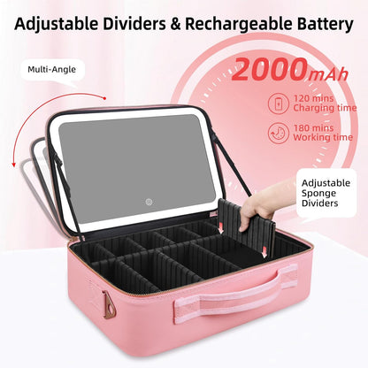 15"×11" Large Pink Makeup Bag with Mirror, Personal Item Travel Bag with Makeup Mirror 3 Lights, Waterproof Train Case with Mirror and Adjustable Dividers,Professional Lighted Makeup Case
