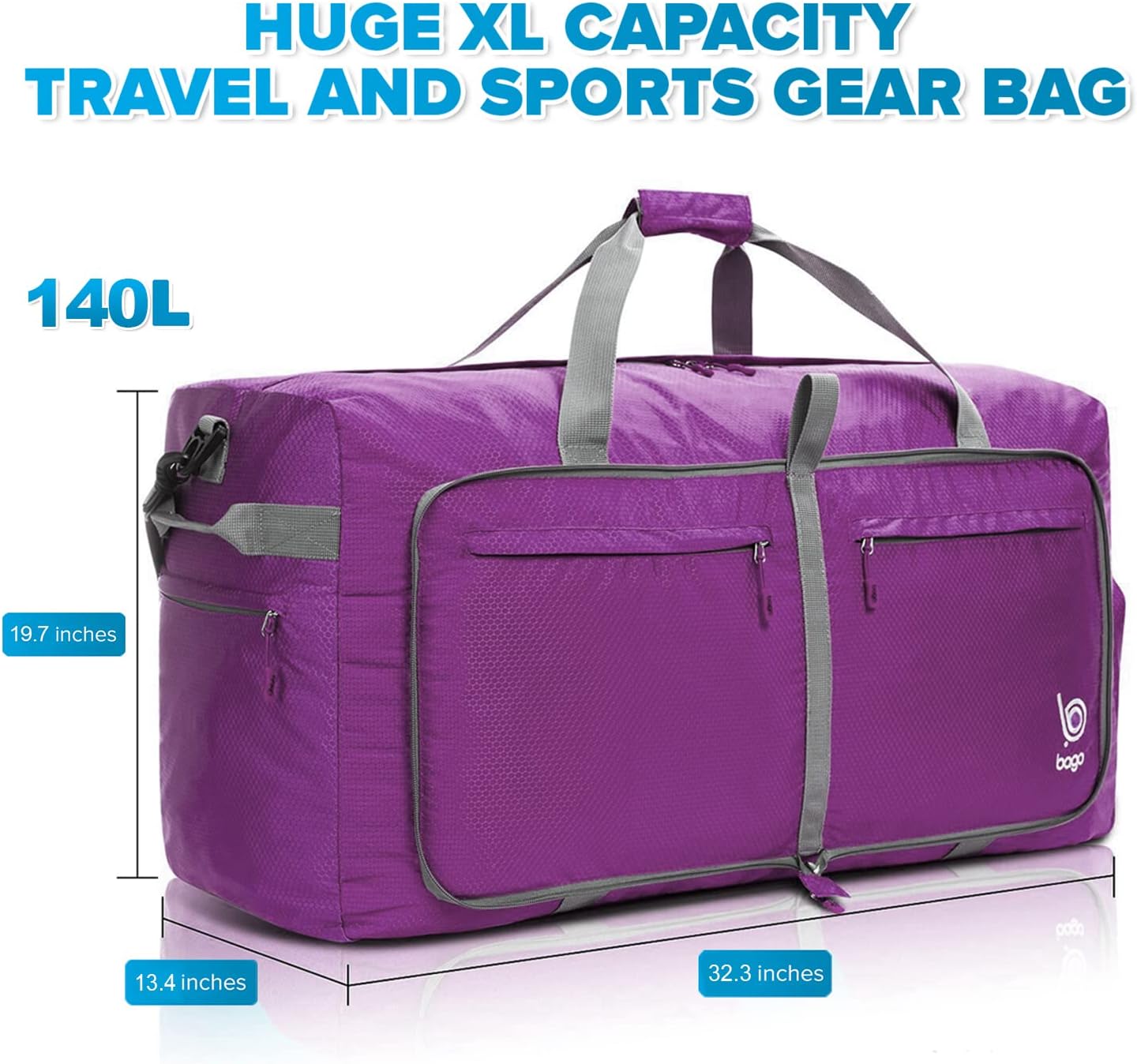 Bago Big XXL Foldable Duffel Bags for Traveling Women & Men - 140L Packable Duffle Bag for Travel with Shoe Compartment - Water Repellant, Heavy Duty, Lightweight Folding & Collapsible (Purple)