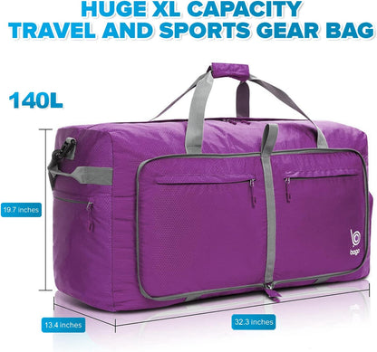 Bago Big XXL Foldable Duffel Bags for Traveling Women & Men - 140L Packable Duffle Bag for Travel with Shoe Compartment - Water Repellant, Heavy Duty, Lightweight Folding & Collapsible (Purple)