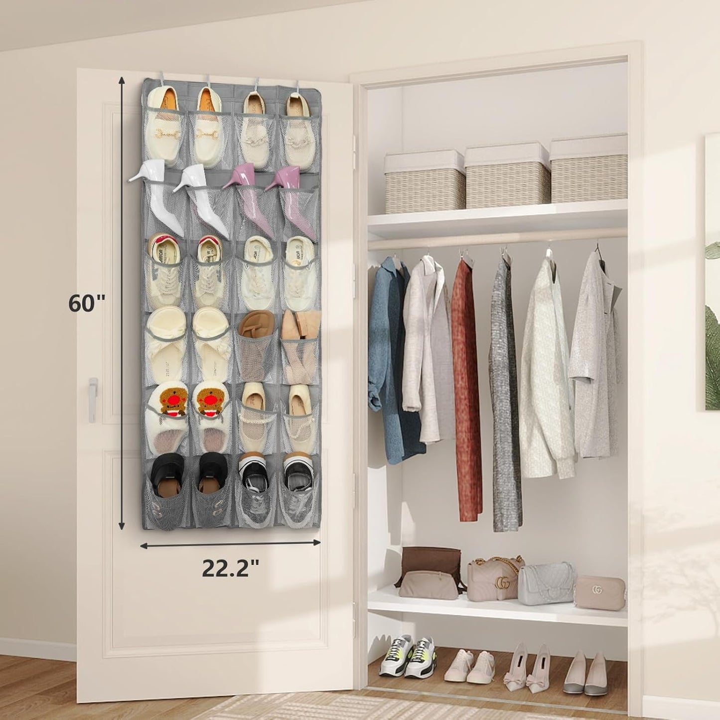 FENTEC 24 Pockets Over the Door Shoe Organizer Hanging Shoe Organizer for Closet, Space Saving Mesh Large Pocket Shoe Storage and Organizer, Shoe Holder for Apartments Garages, Grey 1 Pack