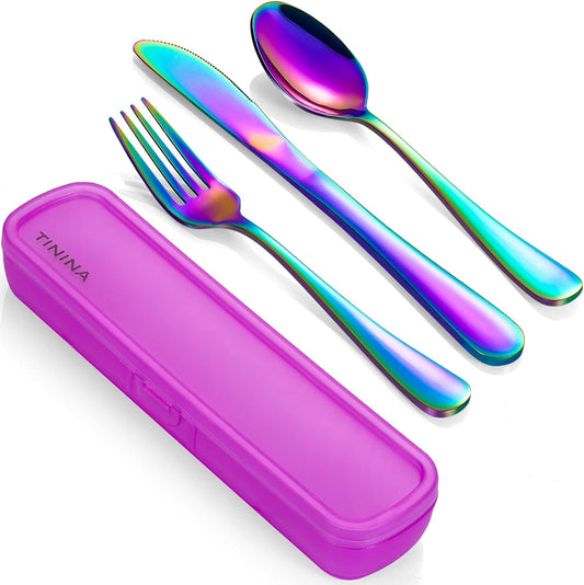 Travel Utensils with Case, 4-Piece Stainless Steel Portable Cutlery Set, Reinforced Case with Buckle Design, Lunch Box for Camping Work School, Include Fork Spoon Knife, Dishwasher Safe, Rainbow