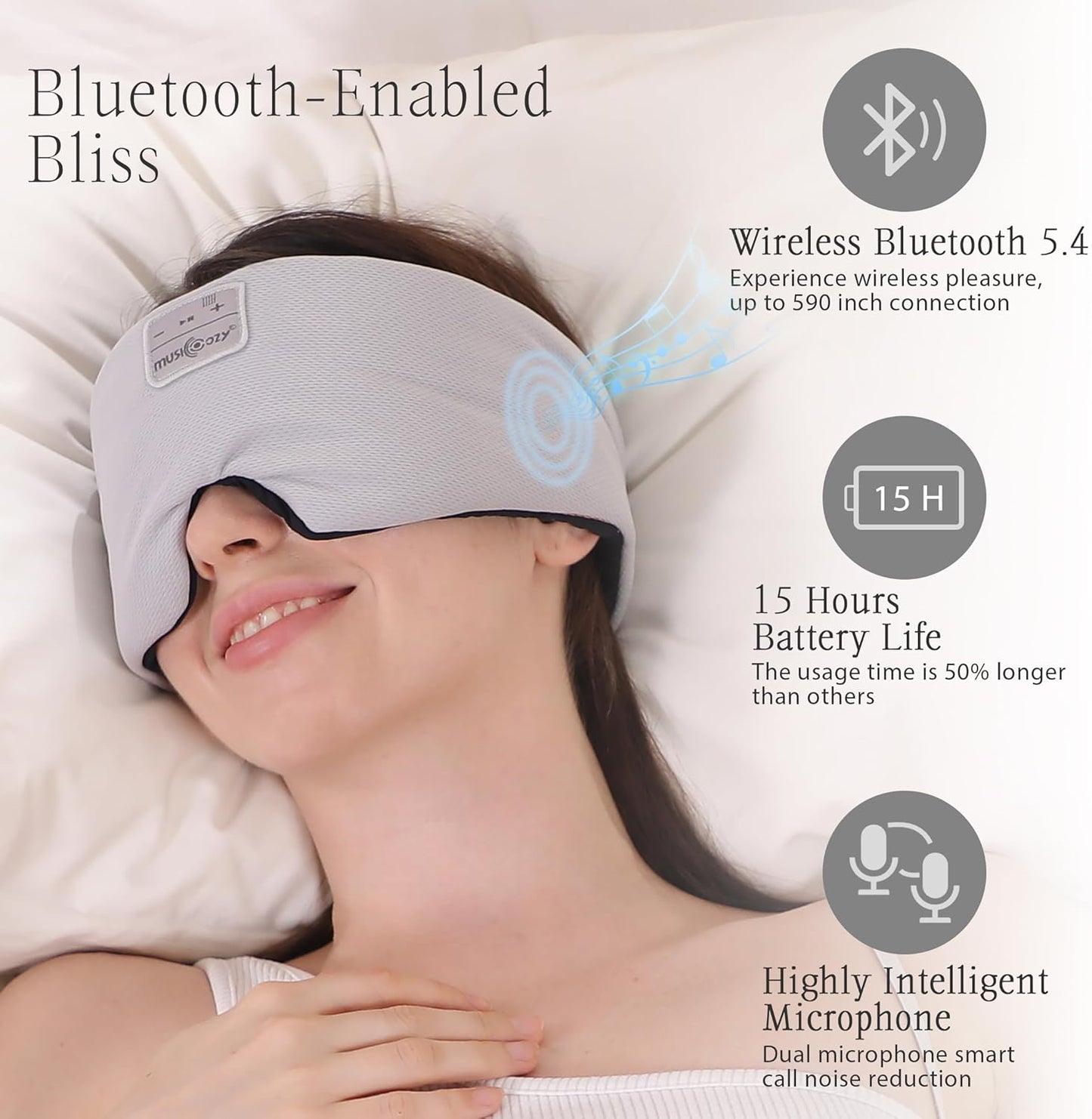 MUSICOZY Ice Silk Sleep Headphones with Bluetooth Mask, Eye Mask for Sleeping in Total Darkness, 5.4 Bluetooth Sleep Mask Sleep Headphones, Soft, Gifts for Men Women (Black)