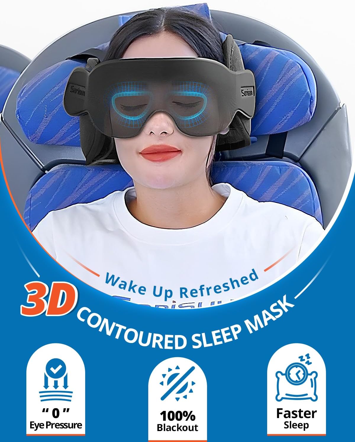 Travel Pillow Combo with Chin Strap, Airplane Pillows with 3D Eye Mask for Sleeping, 360° Support Plane Head Strap for All Plane Seats, Long Flights Essentials, Stop Bobblehead, Mottle Blue