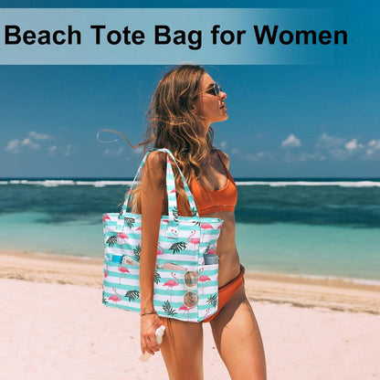 LEDAOU Beach Bag Waterproof Sandproof Women Tote Bag Pool Bag with Zipper for Gym Grocery Travel with Wet Pocket