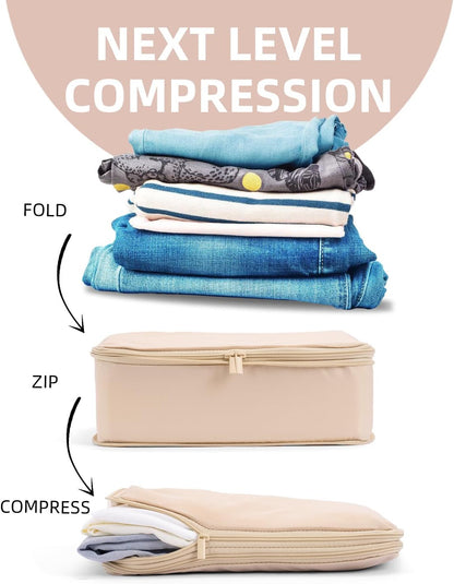 6 Set Compression Packing Cubes for Travel, Large Medium Small Luggage Organizers, Storage Bags for Clothes (6 Pack, Mist Khaki)