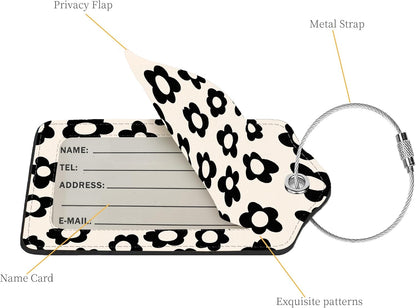 2 Pcs Luggage Tags for Suitcase, Cute Unique PU Leather Travel Bag Tag with Privacy Cover ID Label Address Card and Durable Metal Ring Suitable for Men Women Children Backpack,Black Flowers