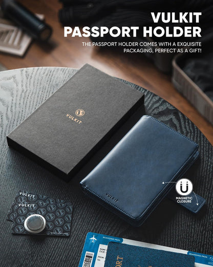 VULKIT Passport Holder with Airtag Holder RFID Blocking Passport Wallet Travel Leather Passport for Women(Navy)