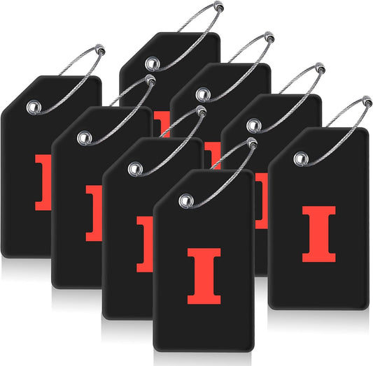 8 Pcs Luggage Tags for Suitcases, 26 Initial Letter Travel Luggage Baggage Identification Labels ID Tags Fully Bendable Tags with Stainless Steel Loop (Letter I, Black)