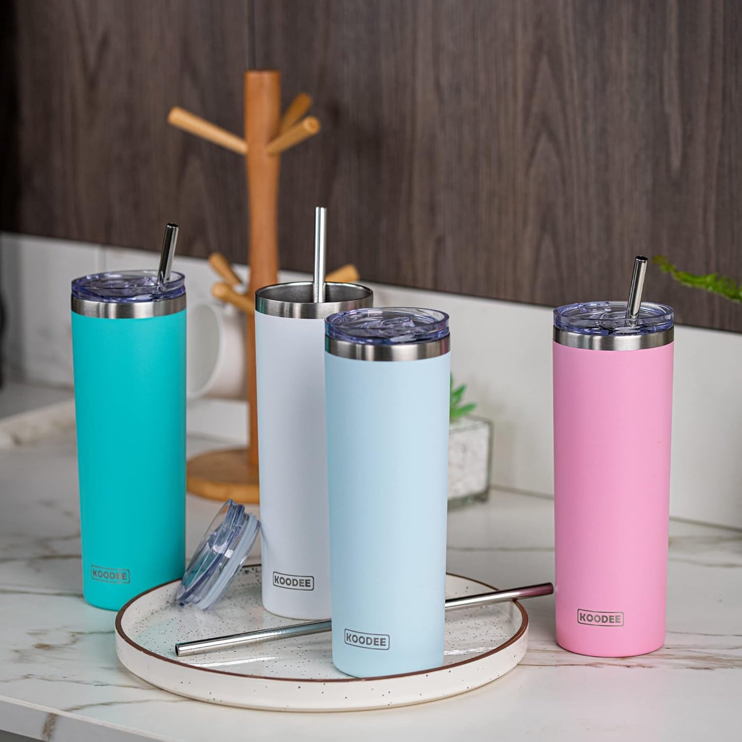 koodee 20 oz Tumbler with Lid and Straw-2 Pack Stainless Steel Double Wall Insulated Skinny Tumbler-Travel Beach Coffee Mug Tumbler for Women/Men (Wine Red-Teal)