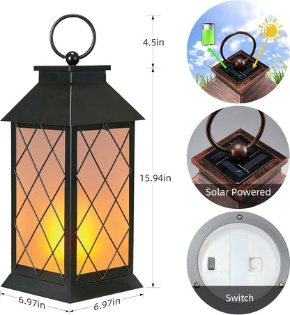 18" Solar Lanterns Outdoor Waterproof, Glass Solar Flickering Flame Lantern Large Hanging Solar Lantern Metal Decorative for Patio Garden Backyard Outside Tabletop Mothers Day Gifts Mom