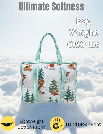 Cotton Quilted Tote Bag for Women – Large Beach & Travel Tote with Zipper, Reusable Grocery Bag