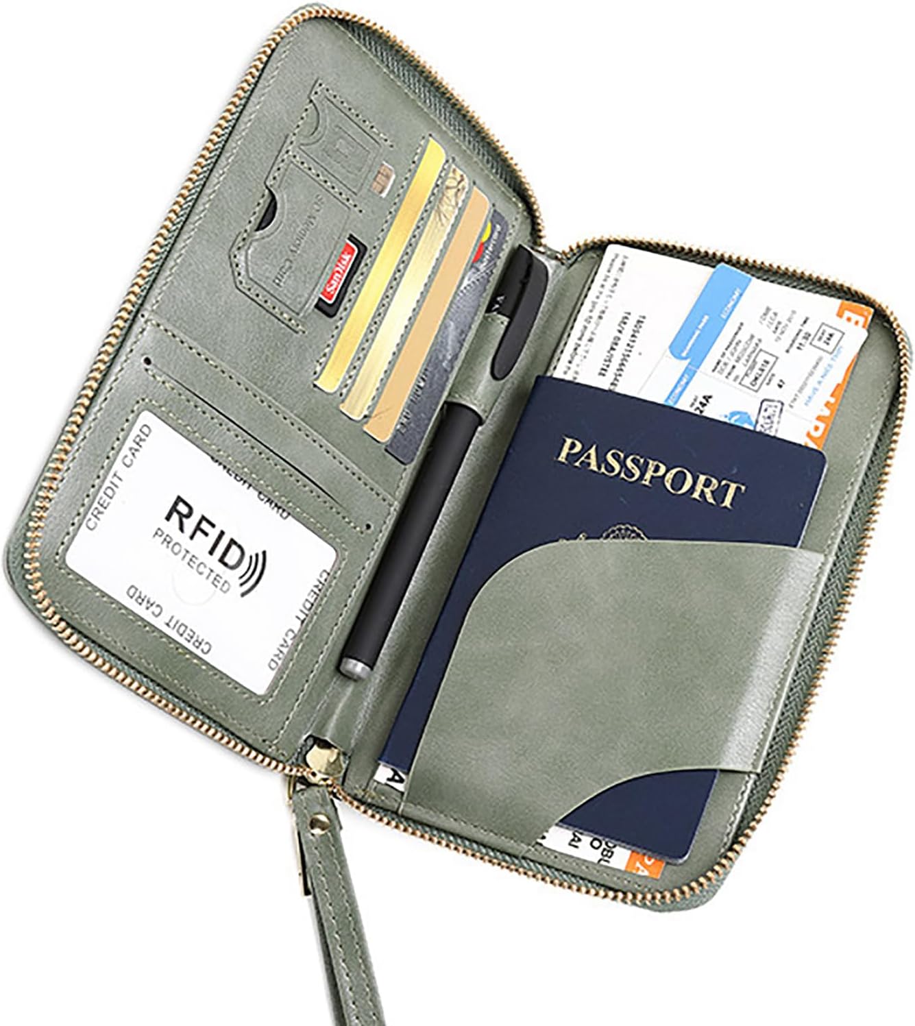 Rowgins Rfid Blocking Passport Holder Wallet, Rowgins Rfid Passport Holder with Zipper, PU Leather PassportHolder for Travel (GREEN)