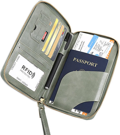 Rowgins Rfid Blocking Passport Holder Wallet, Rowgins Rfid Passport Holder with Zipper, PU Leather PassportHolder for Travel (GREEN)
