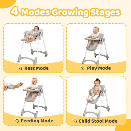 JOYMOR Foldable Baby High Chair, 4 in 1 Convertible Highchair for Eating, Height Adjustble and Multiple Recline, Compact Foldable Design for Easy Storage (Gray)