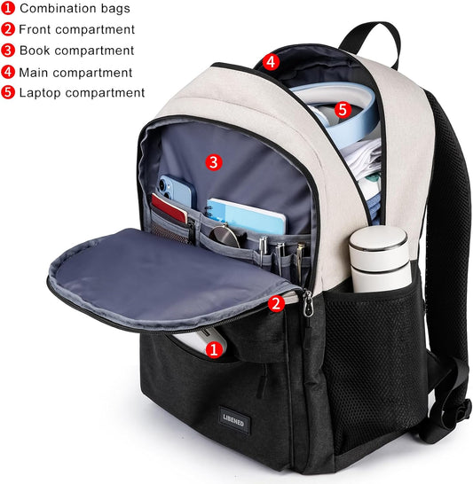 Backpack for Women, School Backpack with USB Charging Port for Teen Girls, 15.6 inch High College Bookbag Laptop Back Pack with Anti theft Water Resistant, Beige