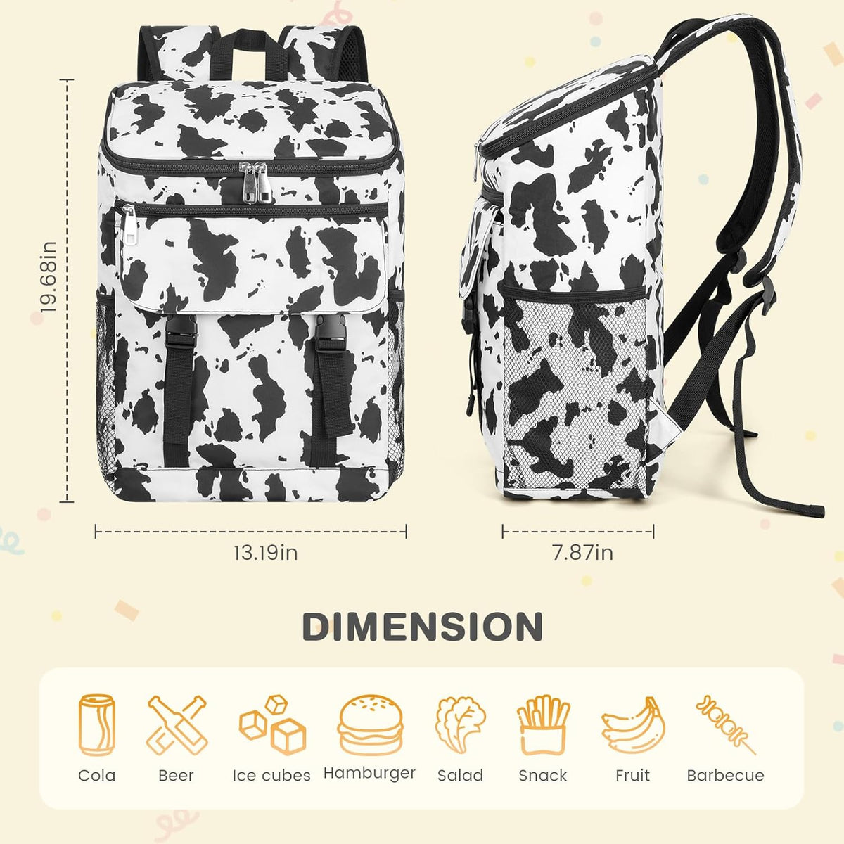 Cooler Backpack Soft Insulated Leak Proof 30 Cans Insulated Backpack Cooler Portable Picnic Camping Beach Hiking BBQ Lunch Backpack for Men and Women -Cow Color