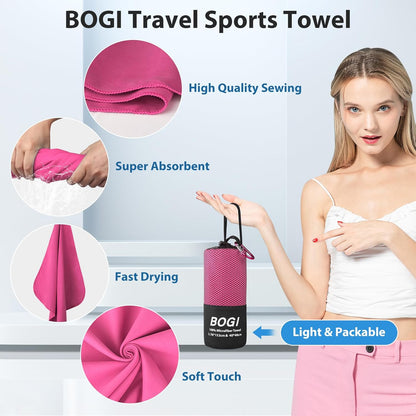 BOGI Microfiber Travel Sports Towel-Quick Dry Towel, Soft Lightweight Microfiber Camping Towel Absorbent Compact Travel Towel for Camping Gym Yoga Swimming Backpacking (L:60''x30''+16''x16''-Hpink)