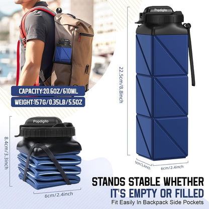 Collapsible Water Bottles 20.6oz Foldable Water Bottle BPA Free Reusable Lightweight LeakProof Travel Silicone Water Bottles for Travel Gym Hiking Camping (Upgrade Dark Blue)