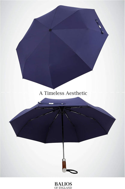 Balios (Designed in UK) Travel Umbrella Luxurious Golden Hardwood Handle Auto Open & Close Windproof Frame Single Canopy Automatic Folding Umbrella Men's & Ladies
