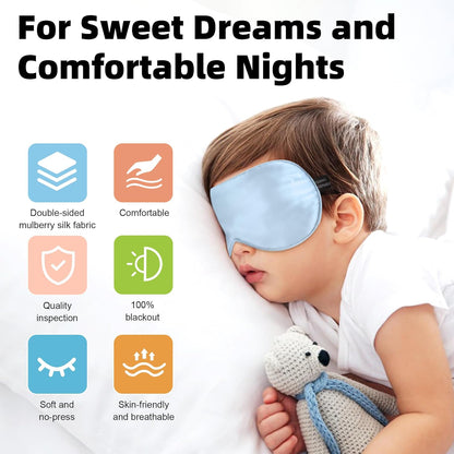 Silk Sleep Eye Mask for Kids, 100% Real Natural Pure Silk Sleeping Masks, Blindfold Sleep Eye Cover with Adjustable Strap, Soft & Lightweight Night Eyeshade for Boys Girls Teens (2 Pack)