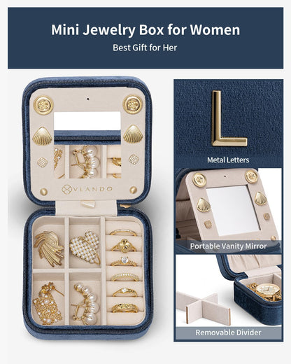 Vlando Travel Jewelry Case for Women Girls, L Initial Travel Jewelry Case, Small Jewelry Travel Case, Birthday Gifts for Women Mom Grandma - Letter L, Dark Blue
