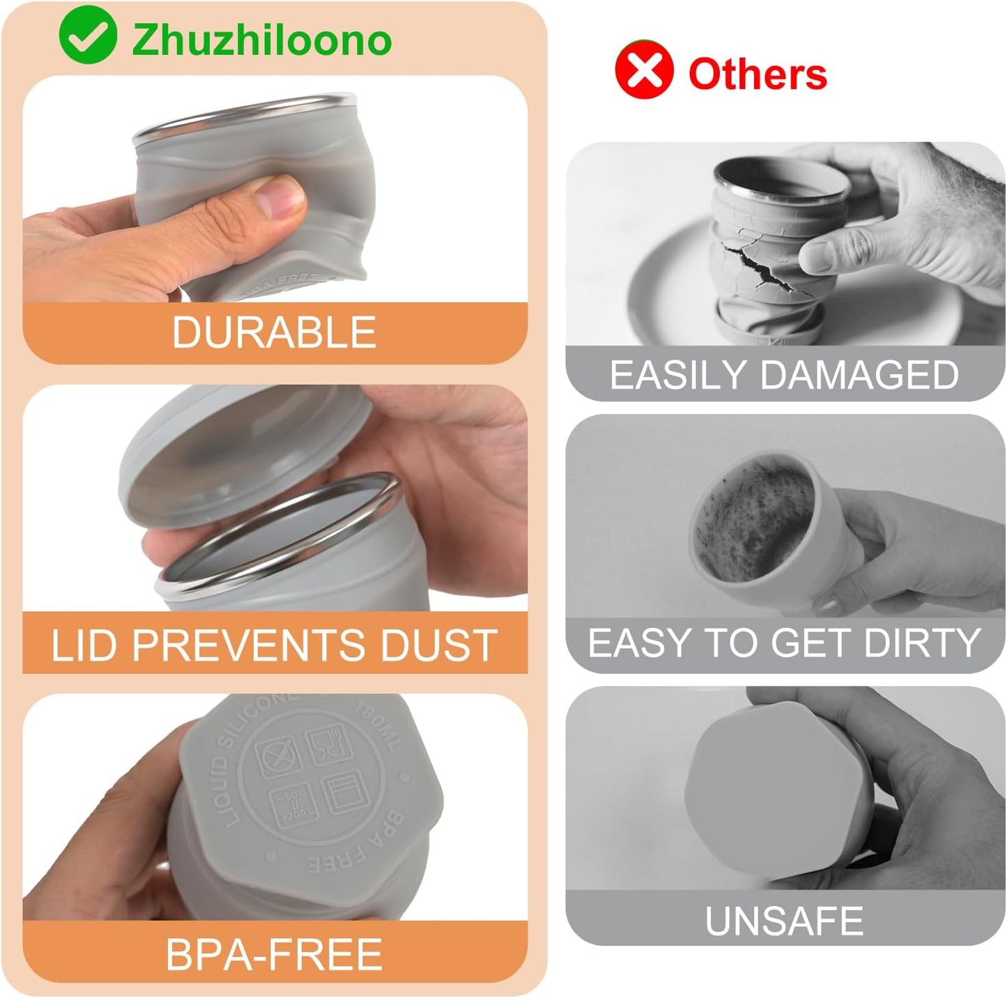 Collapsible Water Cup 6oz/180ml - Collapsible Cup - Silicone Collapsible TravelCup - Silicone Folding Camping Cup with Lids - Foldable Drinking Cup - for Travel, Camping, Hiking, Outdoor Sports