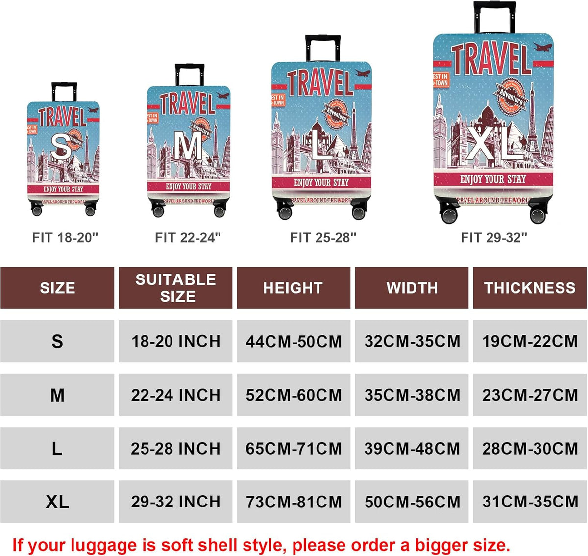 WUJIAONIAO Travel Luggage Cover Baggage Suitcase Cover Protector Skins 18-32 Inch (Tourist Attraction A28, M (for 22-24 inch luggage))
