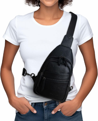 Alldaily Large Sling Bag for Women Crossbody Purse Leather Fashionable Trendy Chest Bag for Travel, Fanny Pack (Black)