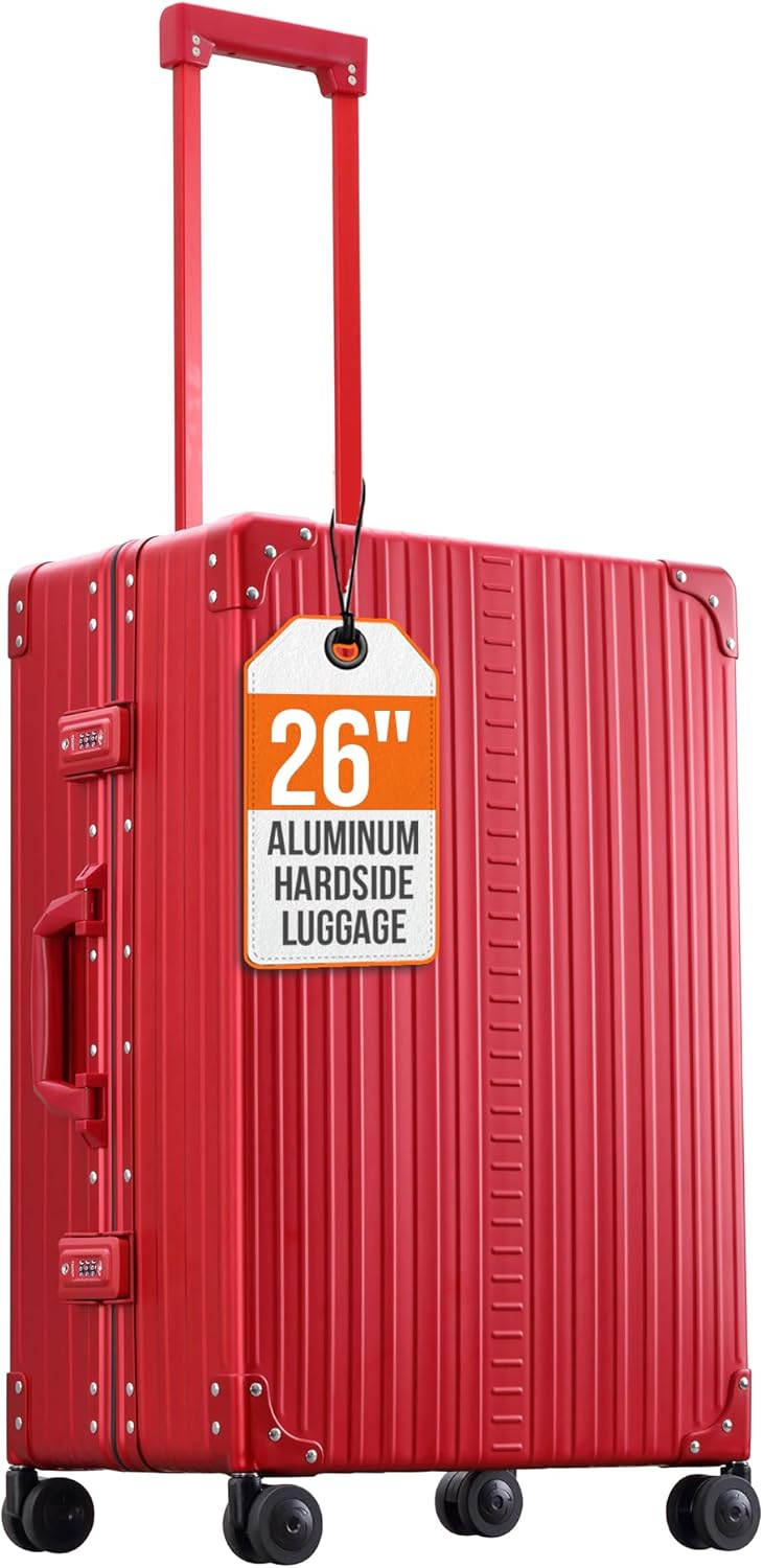 Aleon All Aluminum Lightweight 26" Carry-On Luggage - Hardside Carry-On Suitcase, TSA Approved, Hard Shell Suitcase for Travel, Airline Approved Hard Spinner Wheels Luggage (Ruby)
