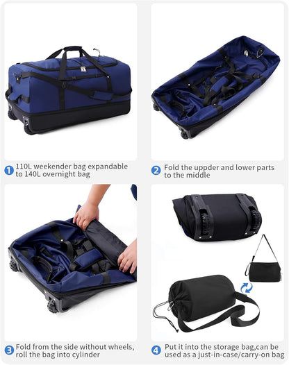 CONTAIL 32”110L Expandable 140L Rolling Duffle Bag with 2 Inline Wheels,Convertible Weekend Travel Bag with Bungee-Cord System,Navy